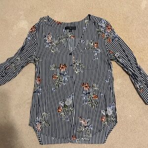 Fred David Black and White Striped Floral Blouse